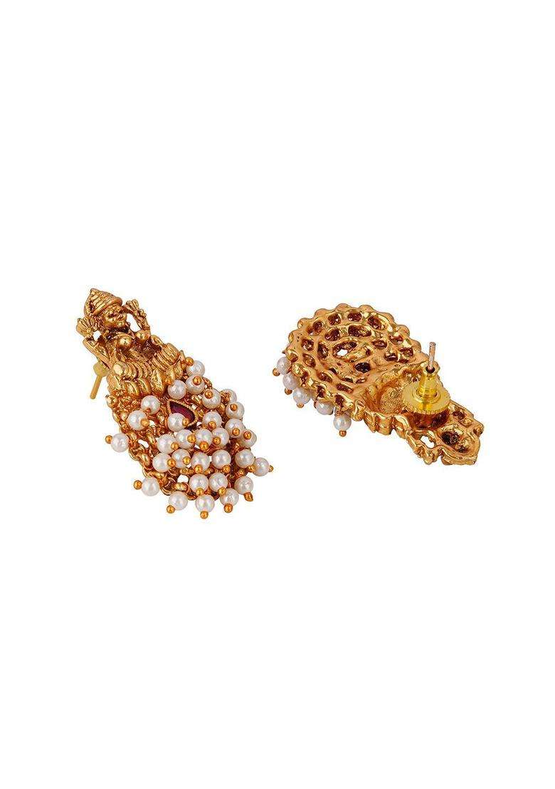 White Gold-Plated Stone Studded Temple Contemporary Studs Earrings for Women | Traditional Temple Jewellery for Wedding & Festive Wear | Gift for Her - Indya