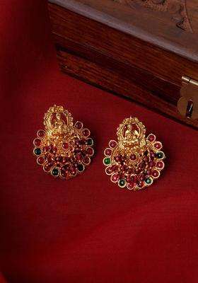 Gold-Plated Stone Studded Temple Contemporary Studs for Women | Traditional Temple Jewellery for Wedding & Festive Wear | Gift for Her