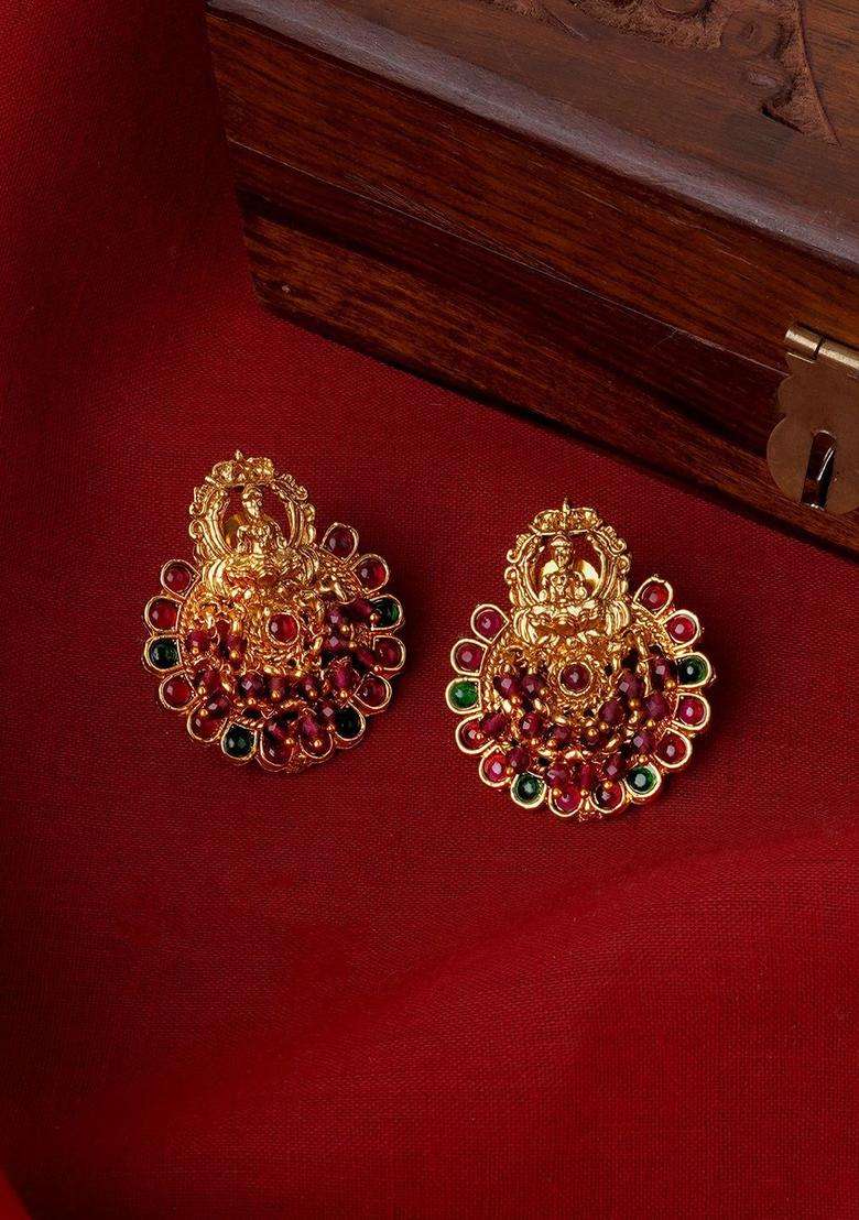 Gold-Plated Stone Studded Temple Contemporary Studs for Women | Traditional Temple Jewellery for Wedding & Festive Wear | Gift for Her - Indya