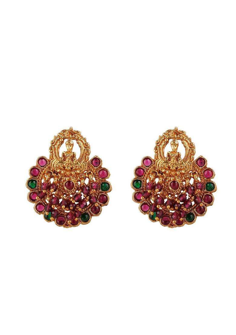 Gold-Plated Stone Studded Temple Contemporary Studs for Women | Traditional Temple Jewellery for Wedding & Festive Wear | Gift for Her - Indya