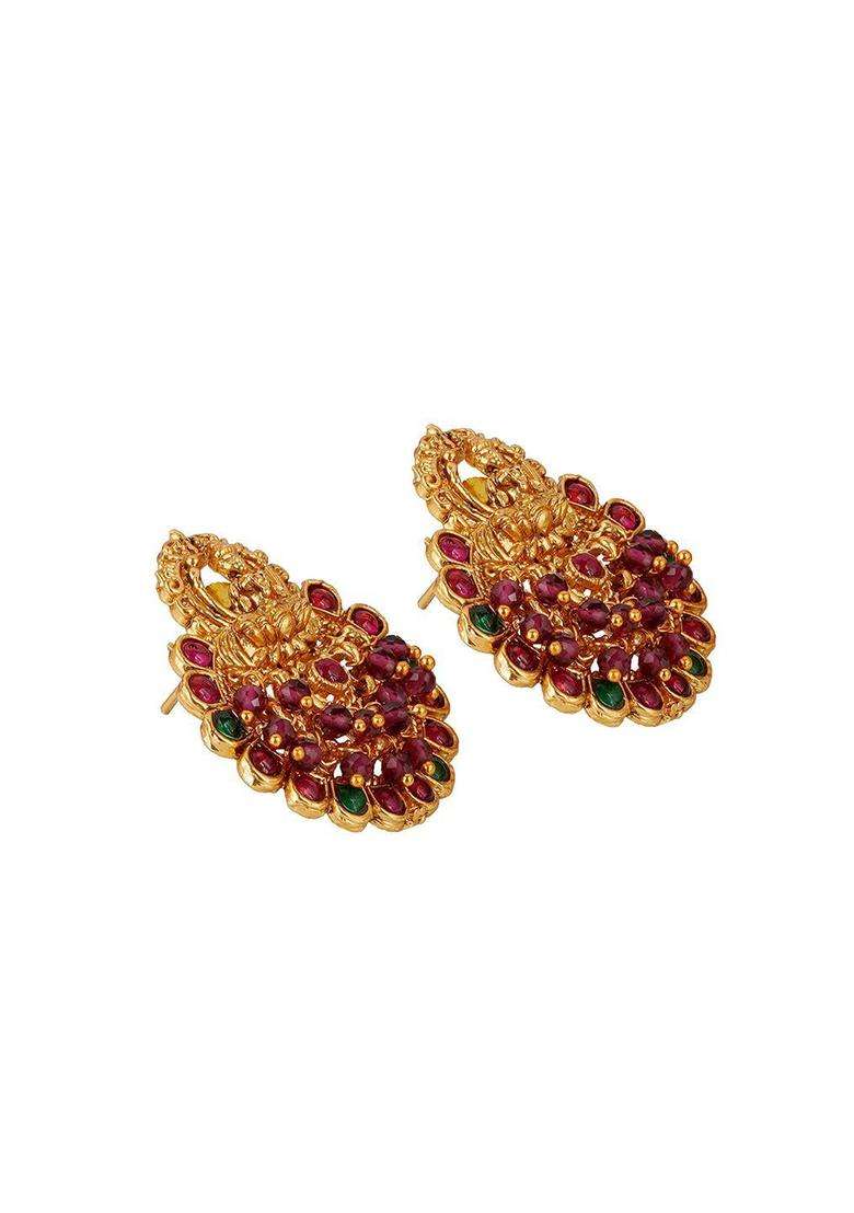 Gold-Plated Stone Studded Temple Contemporary Studs for Women | Traditional Temple Jewellery for Wedding & Festive Wear | Gift for Her - Indya