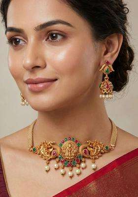 The Pure Virgo Gold-Plated Artificial Stone Studded & Beaded Temple Jewellery Set for Women | Traditional Temple Jewellery for Wedding & Festive Wear | Gift for Her