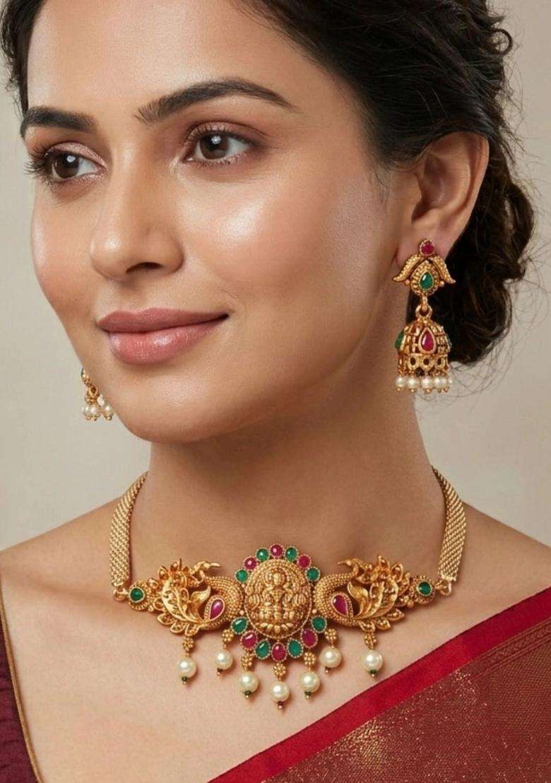The Pure Virgo Gold-Plated Artificial Stone Studded & Beaded Temple Jewellery Set for Women | Traditional Temple Jewellery for Wedding & Festive Wear | Gift for Her - Indya
