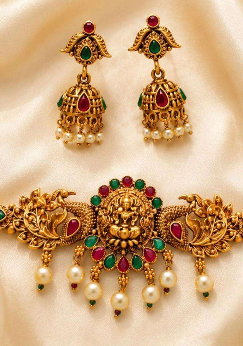 The Pure Virgo Gold-Plated Artificial Stone Studded & Beaded Temple Jewellery Set for Women | Traditional Temple Jewellery for Wedding & Festive Wear | Gift for Her - Indya