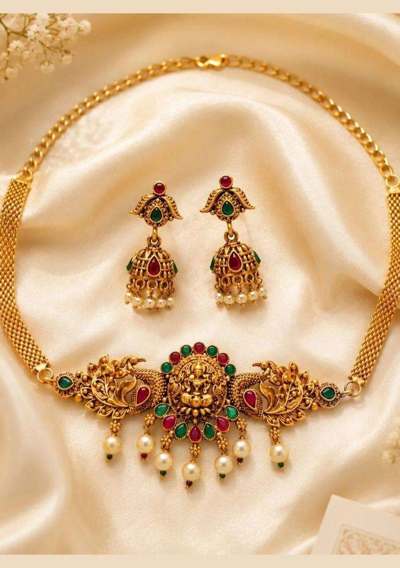 The Pure Virgo Gold-Plated Artificial Stone Studded & Beaded Temple Jewellery Set for Women | Traditional Temple Jewellery for Wedding & Festive Wear | Gift for Her - Indya