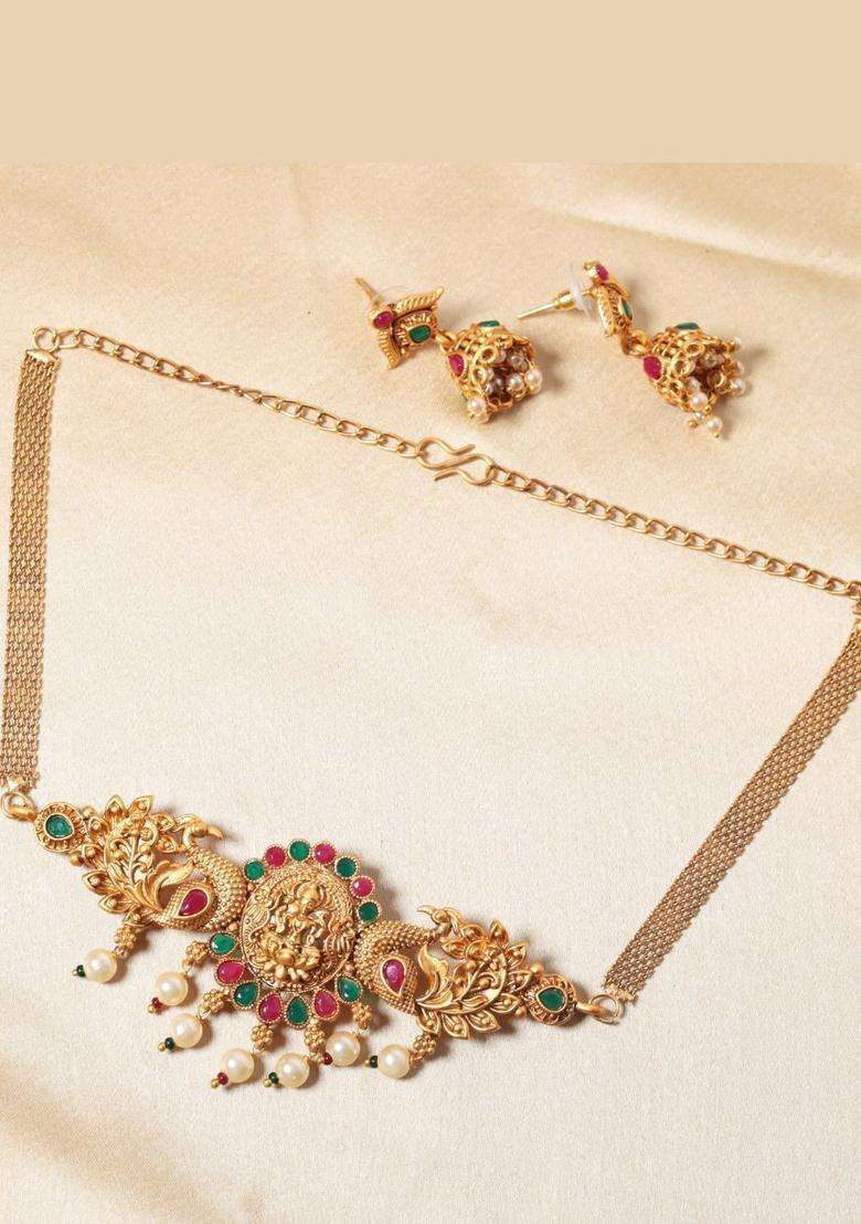 The Pure Virgo Gold-Plated Artificial Stone Studded & Beaded Temple Jewellery Set for Women | Traditional Temple Jewellery for Wedding & Festive Wear | Gift for Her - Indya