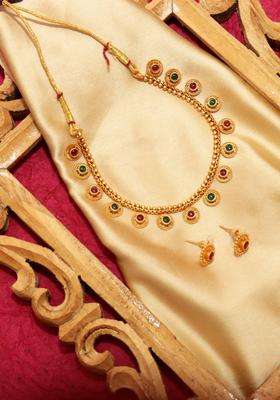 The Pure Virgo Gold-Plated Artificial Stone Studded & Beaded Temple Jewellery Set for Women | Traditional Temple Jewellery for Wedding & Festive Wear | Gift for Her