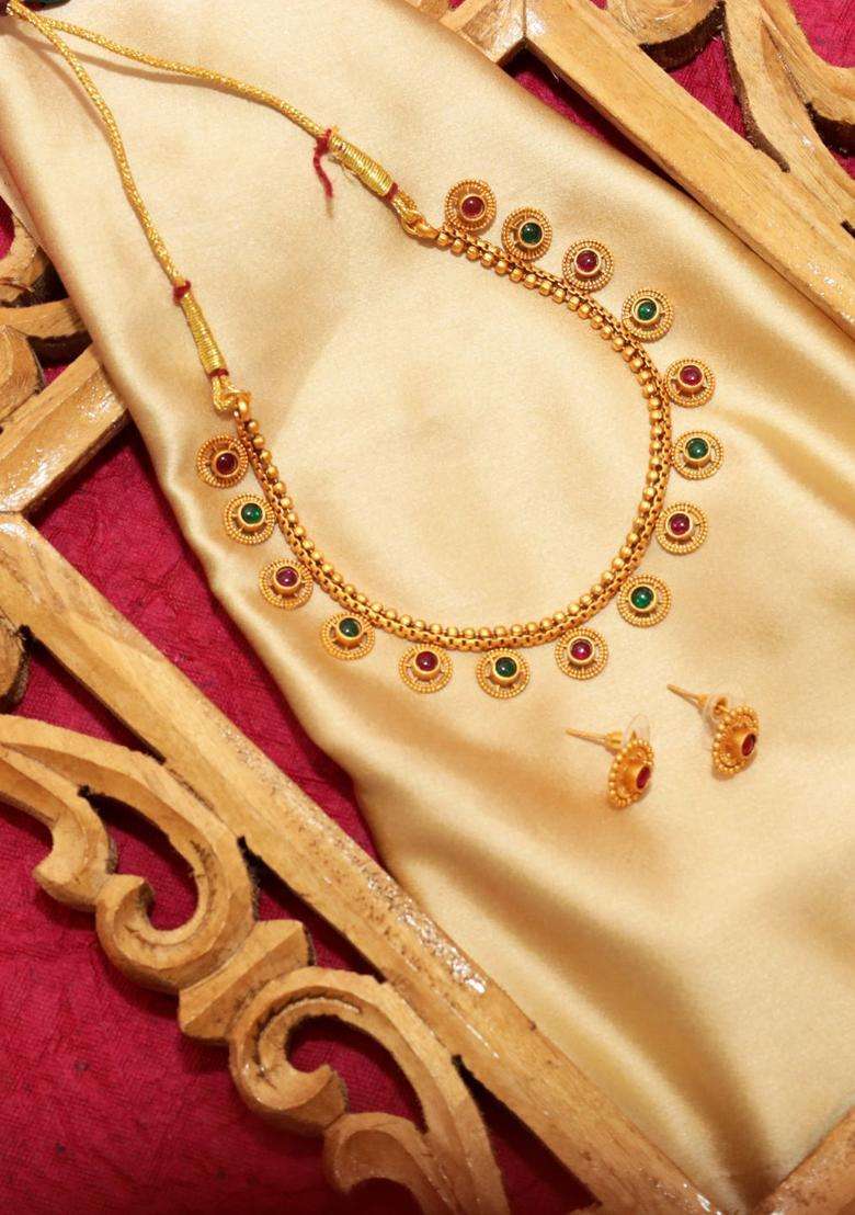 The Pure Virgo Gold-Plated Artificial Stone Studded & Beaded Temple Jewellery Set for Women | Traditional Temple Jewellery for Wedding & Festive Wear | Gift for Her - Indya