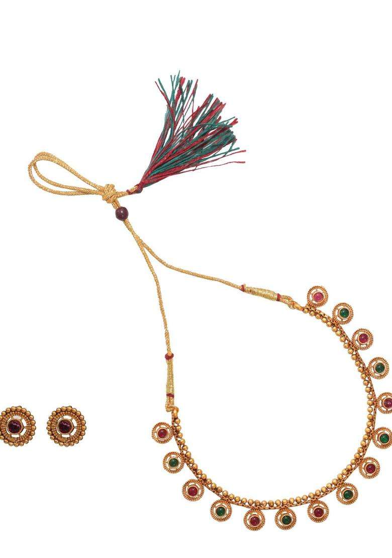 The Pure Virgo Gold-Plated Artificial Stone Studded & Beaded Temple Jewellery Set for Women | Traditional Temple Jewellery for Wedding & Festive Wear | Gift for Her - Indya