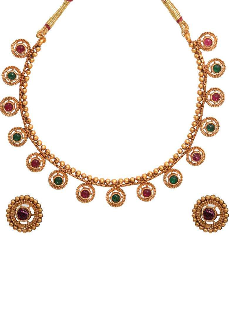 The Pure Virgo Gold-Plated Artificial Stone Studded & Beaded Temple Jewellery Set for Women | Traditional Temple Jewellery for Wedding & Festive Wear | Gift for Her - Indya