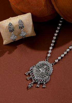 Silver-Plated Stone-Studded Temple Jewellery Set for Women | Traditional Temple Jewellery for Wedding & Festive Wear | Gift for Her