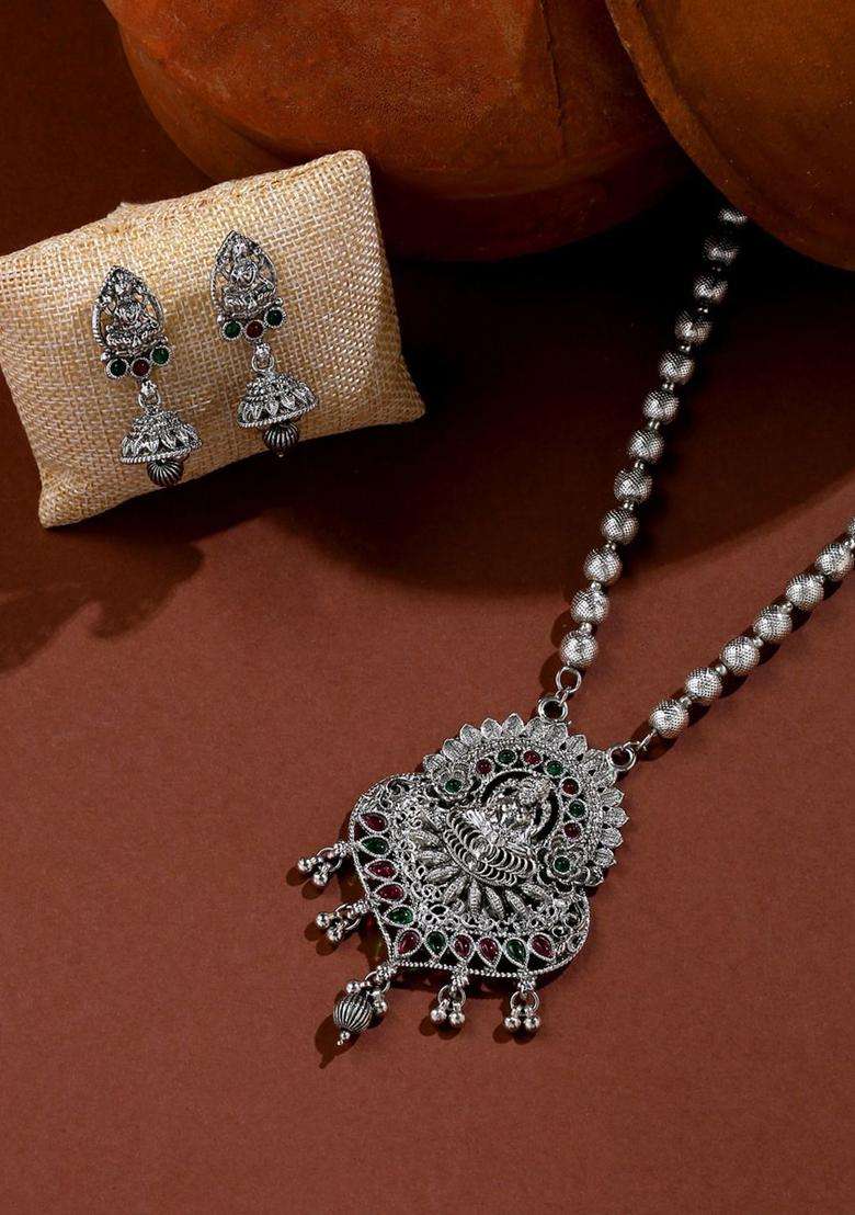 Silver-Plated Stone-Studded Temple Jewellery Set for Women | Traditional Temple Jewellery for Wedding & Festive Wear | Gift for Her - Indya