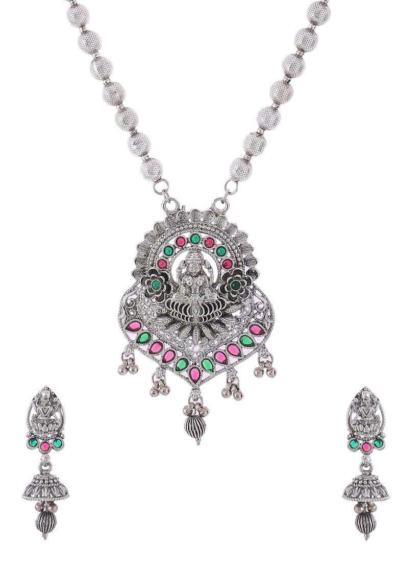 Silver-Plated Stone-Studded Temple Jewellery Set for Women | Traditional Temple Jewellery for Wedding & Festive Wear | Gift for Her - Indya