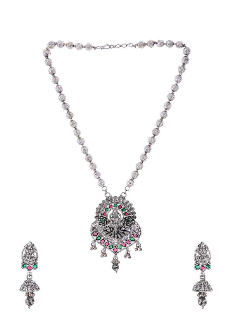 Silver-Plated Stone-Studded Temple Jewellery Set for Women | Traditional Temple Jewellery for Wedding & Festive Wear | Gift for Her - Indya