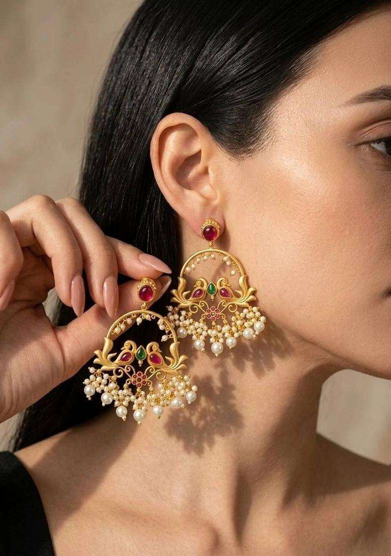 Gold-Plated Peacock Shaped Drop Earrings for Women | Traditional Temple Jewellery for Wedding & Festive Wear | Gift for Her - Indya