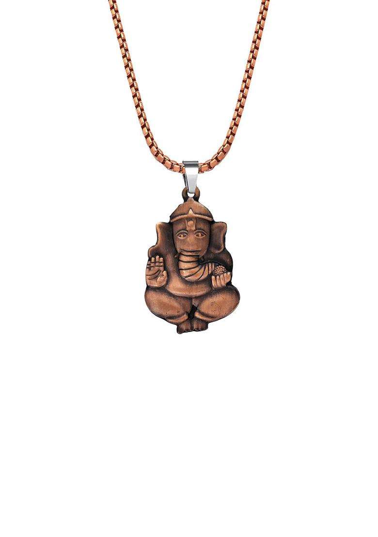 Copper-Plated Lord Ganesha Pendant with Chain for Men & Women | Traditional Temple Jewellery for Wedding & Festive Wear | Festive Gift - Indya