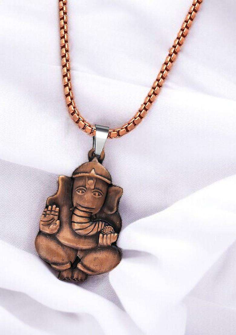 Copper-Plated Lord Ganesha Pendant with Chain for Men & Women | Traditional Temple Jewellery for Wedding & Festive Wear | Festive Gift - Indya