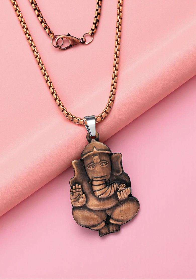Copper-Plated Lord Ganesha Pendant with Chain for Men & Women | Traditional Temple Jewellery for Wedding & Festive Wear | Festive Gift - Indya