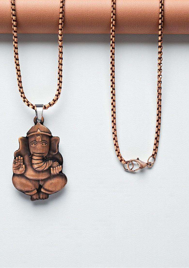 Copper-Plated Lord Ganesha Pendant with Chain for Men & Women | Traditional Temple Jewellery for Wedding & Festive Wear | Festive Gift - Indya