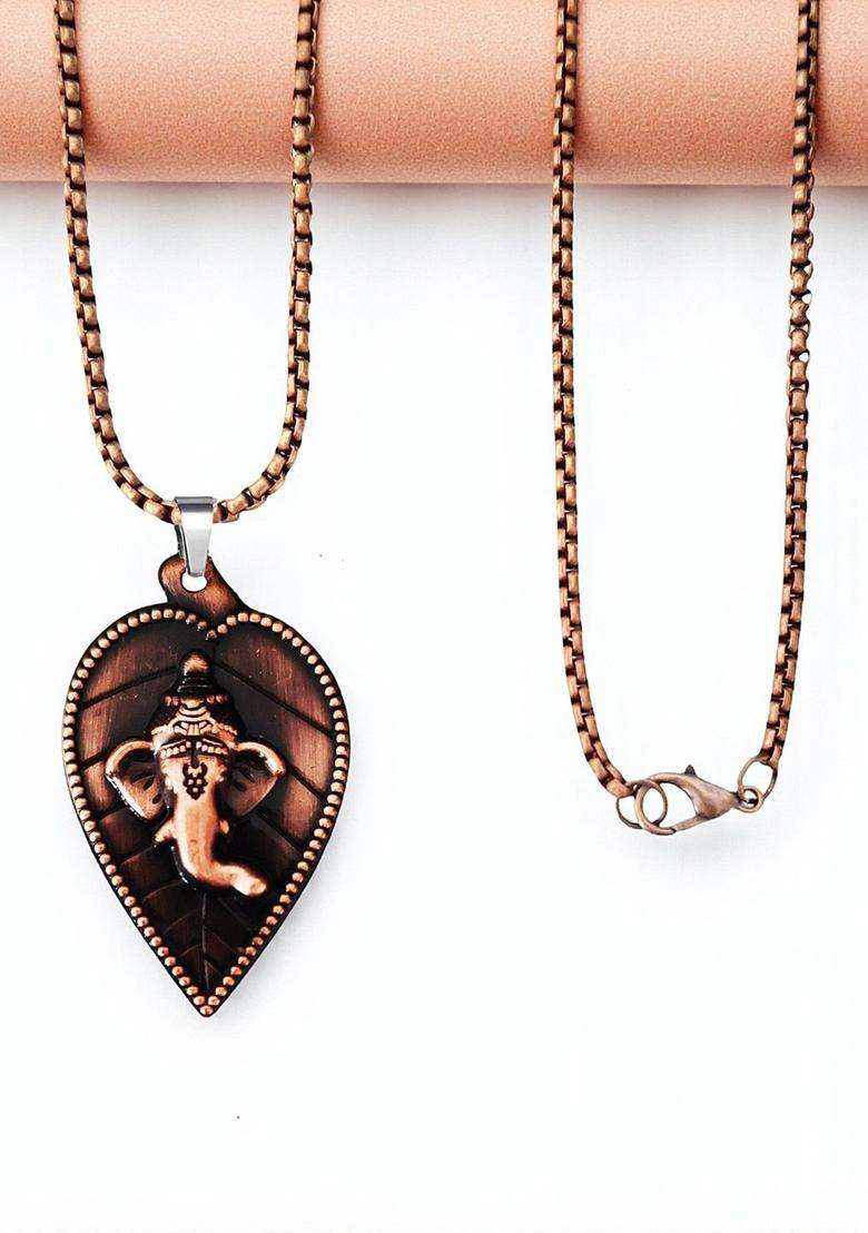 Copper Plated Lord Ganesha Temple Leaf Shaped Pendants with Chain for Men & Women | Traditional Temple Jewellery for Wedding & Festive Wear | Festive Gift - Indya