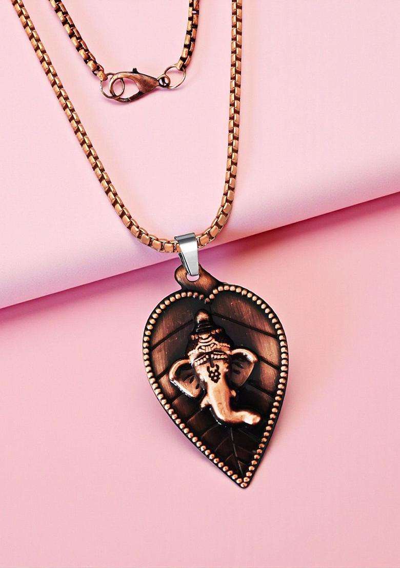 Copper Plated Lord Ganesha Temple Leaf Shaped Pendants with Chain for Men & Women | Traditional Temple Jewellery for Wedding & Festive Wear | Festive Gift - Indya