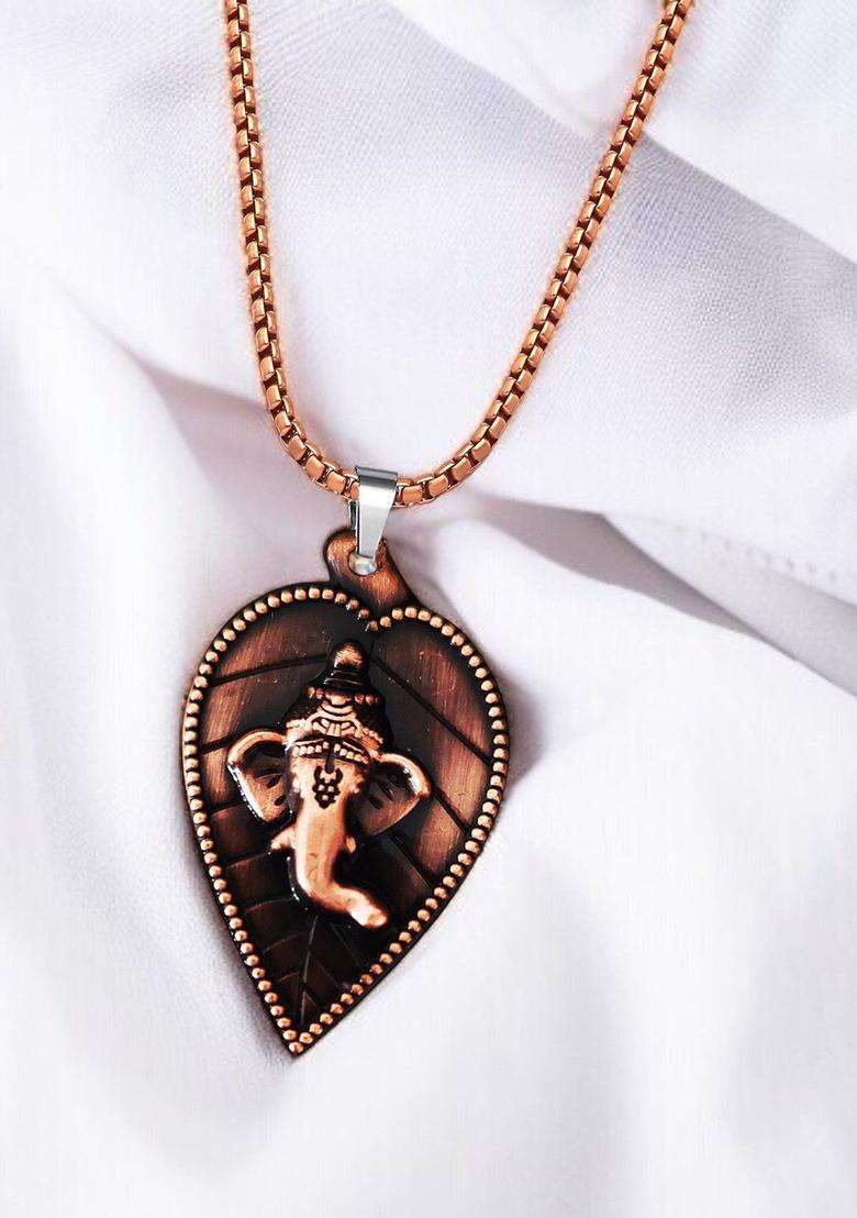 Copper Plated Lord Ganesha Temple Leaf Shaped Pendants with Chain for Men & Women | Traditional Temple Jewellery for Wedding & Festive Wear | Festive Gift - Indya