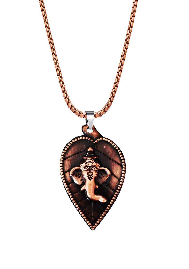 Copper Plated Lord Ganesha Temple Leaf Shaped Pendants with Chain for Men & Women | Traditional Temple Jewellery for Wedding & Festive Wear | Festive Gift - Indya