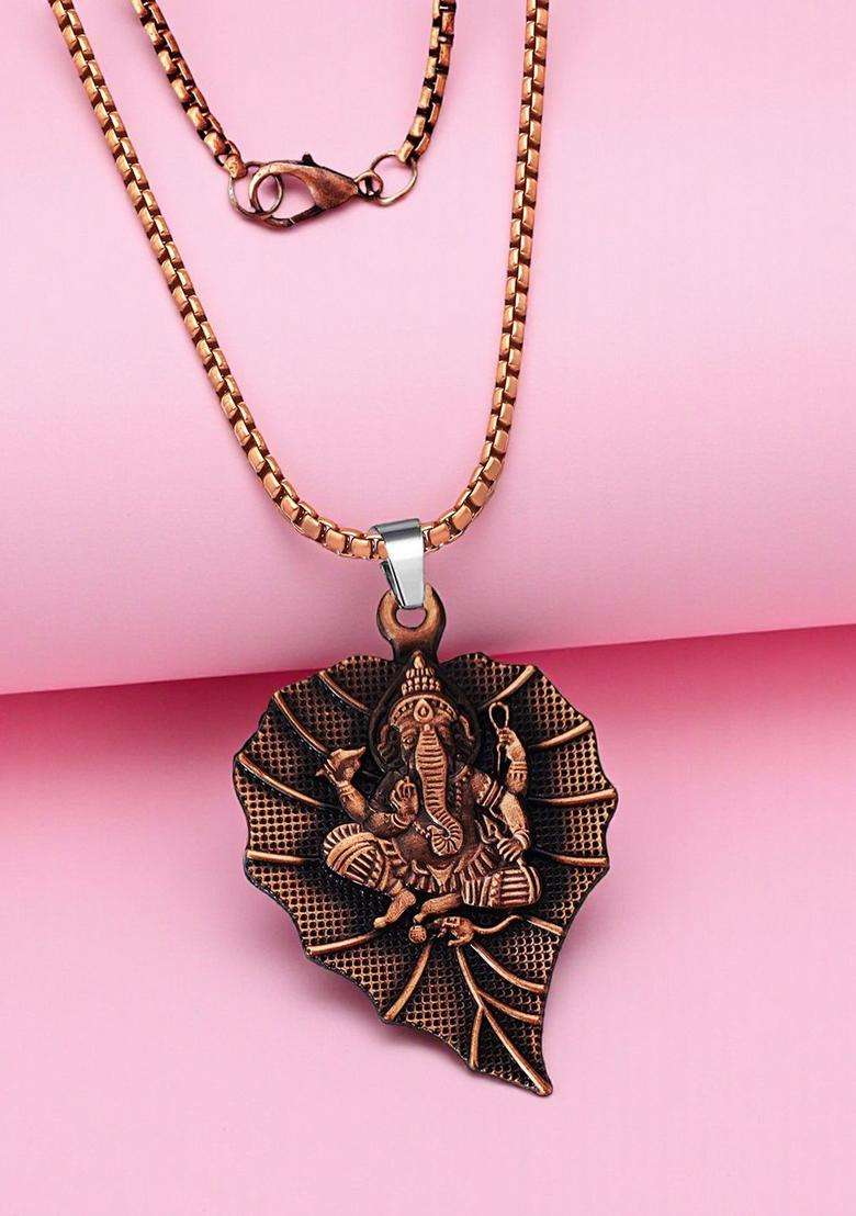 Copper-Plated Lord Ganesha Pendant with Chain for Men & Women | Traditional Temple Jewellery for Wedding & Festive Wear | Festive Gift - Indya