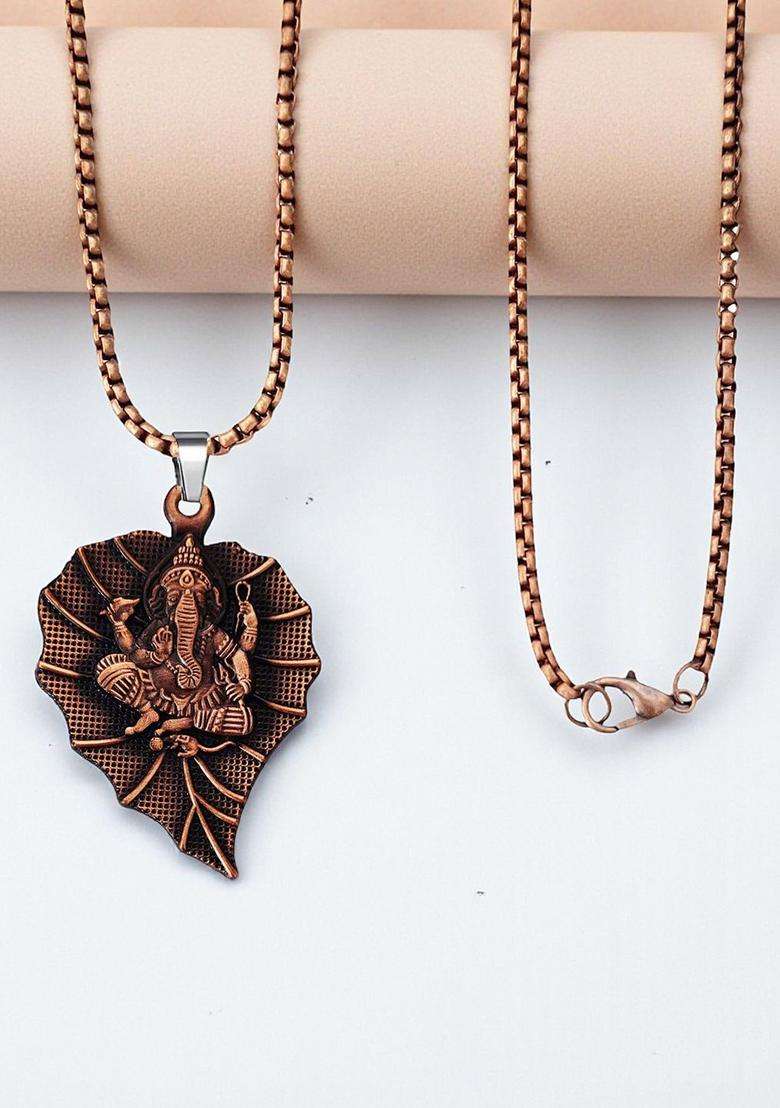 Copper-Plated Lord Ganesha Pendant with Chain for Men & Women | Traditional Temple Jewellery for Wedding & Festive Wear | Festive Gift - Indya