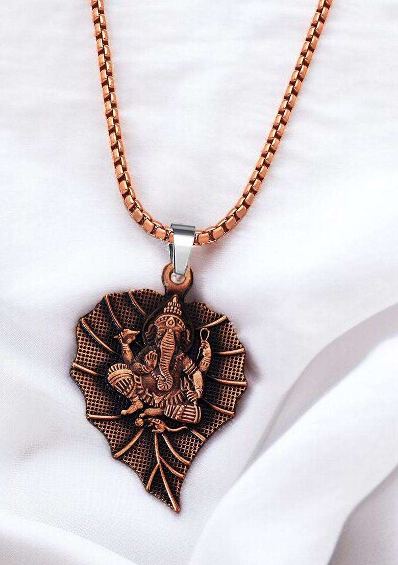 Copper-Plated Lord Ganesha Pendant with Chain for Men & Women | Traditional Temple Jewellery for Wedding & Festive Wear | Festive Gift - Indya