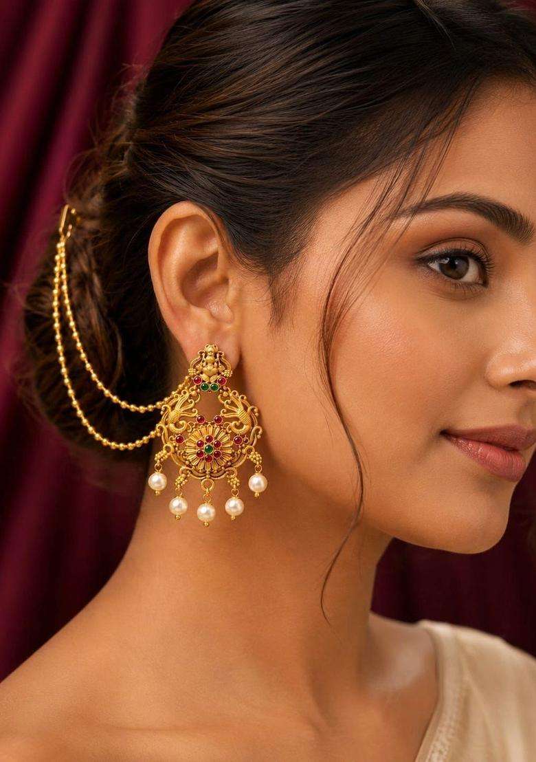 Gold-Plated Crescent Shaped Chandbalis Earrings for Women | Traditional Temple Jewellery for Wedding & Festive Wear | Gift for Her - Indya