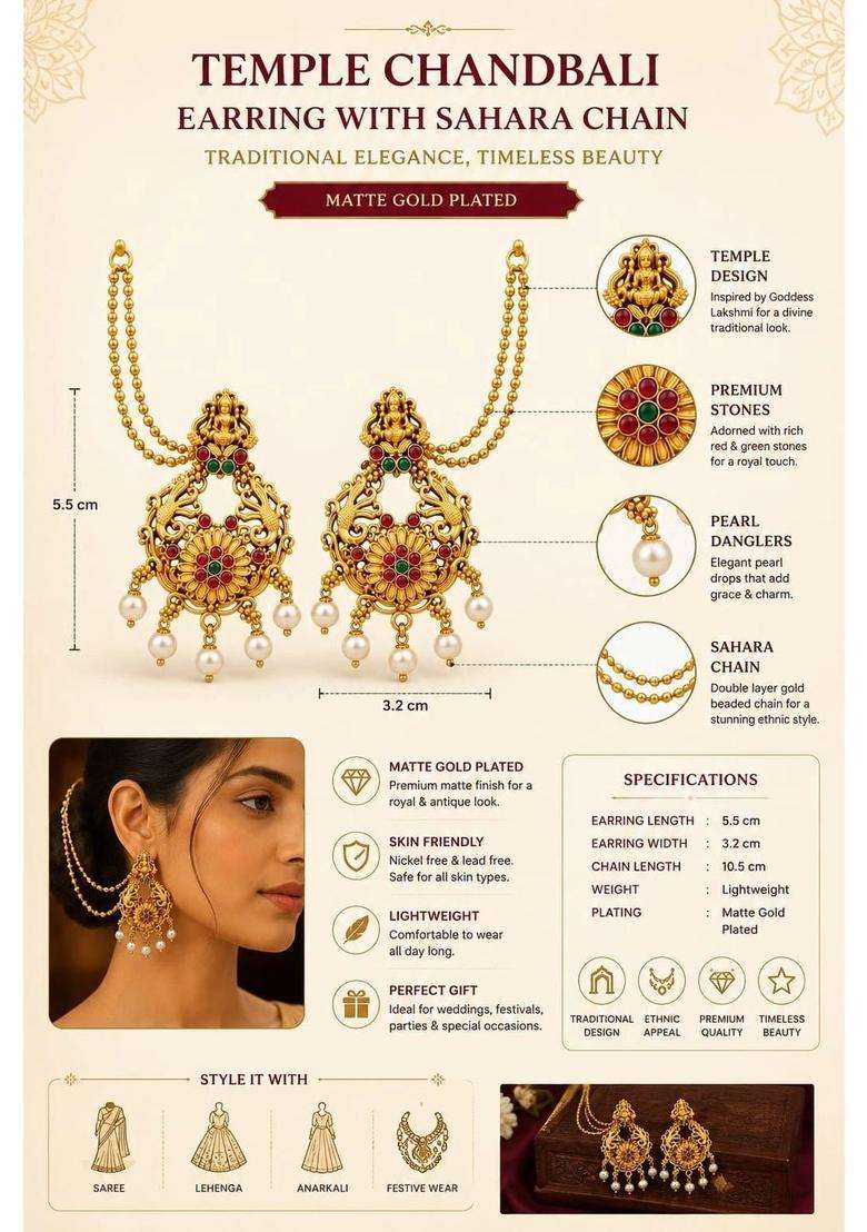Gold-Plated Crescent Shaped Chandbalis Earrings for Women | Traditional Temple Jewellery for Wedding & Festive Wear | Gift for Her - Indya