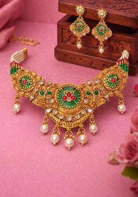 Gold-Plated Antique Stone Studded & Beaded Necklace and Earrings with American Diamond for Women | Traditional Temple Jewellery for Wedding & Festive Wear | Gift for Her