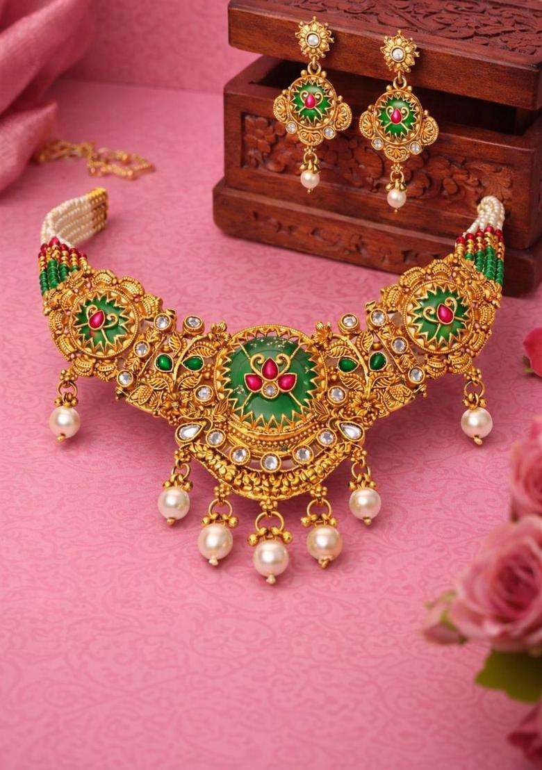 Gold-Plated Antique Stone Studded & Beaded Necklace and Earrings with American Diamond for Women | Traditional Temple Jewellery for Wedding & Festive Wear | Gift for Her - Indya