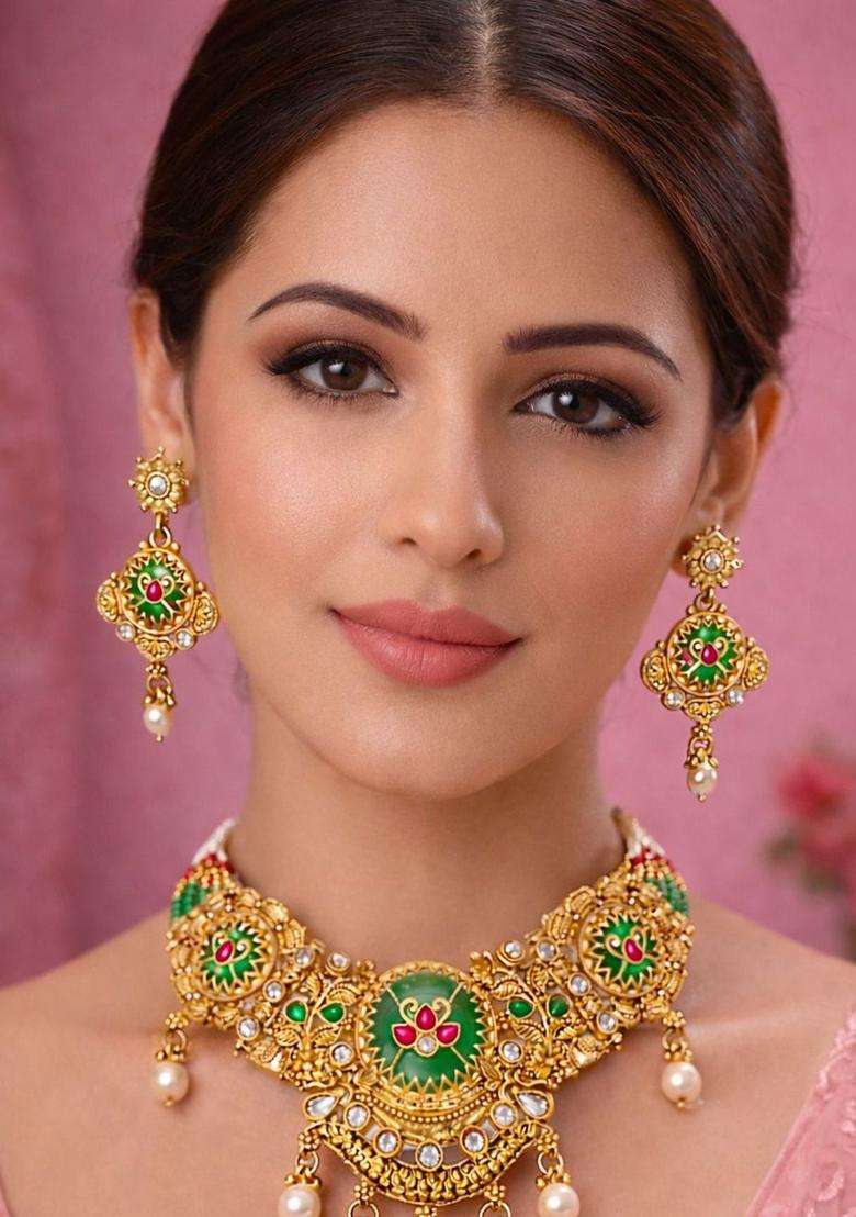 Gold-Plated Antique Stone Studded & Beaded Necklace and Earrings with American Diamond for Women | Traditional Temple Jewellery for Wedding & Festive Wear | Gift for Her - Indya