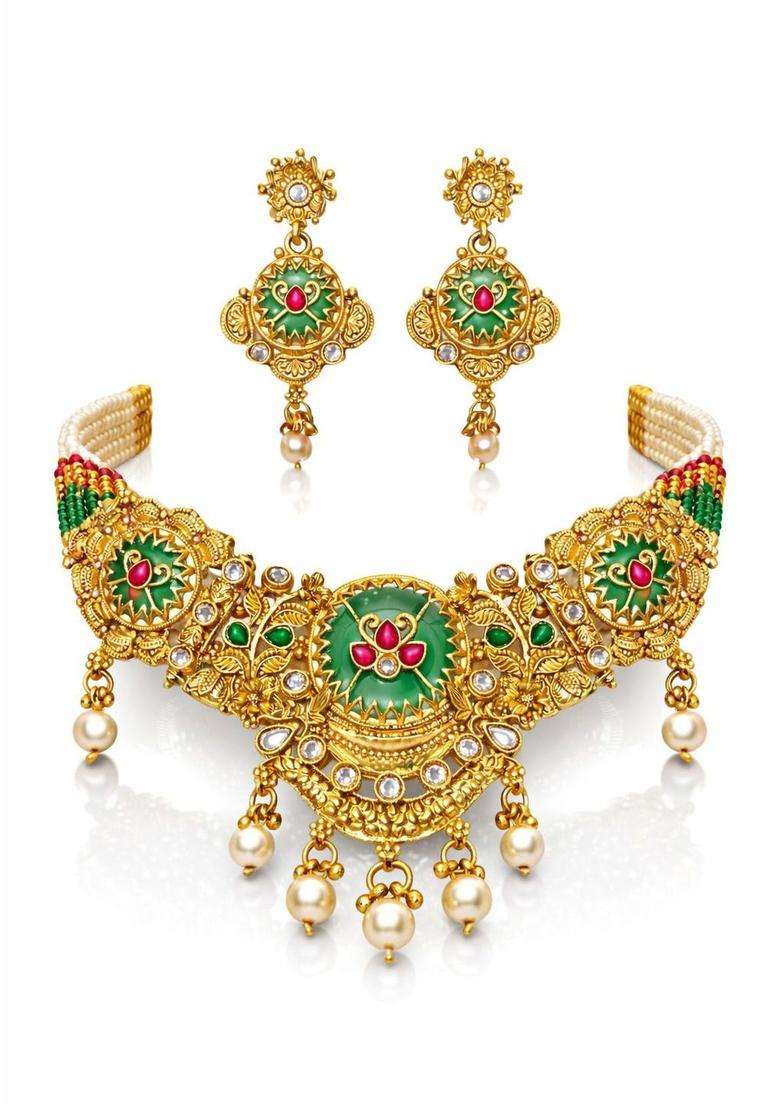 Gold-Plated Antique Stone Studded & Beaded Necklace and Earrings with American Diamond for Women | Traditional Temple Jewellery for Wedding & Festive Wear | Gift for Her - Indya