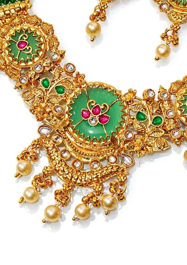 Gold-Plated Antique Stone Studded & Beaded Necklace and Earrings with American Diamond for Women | Traditional Temple Jewellery for Wedding & Festive Wear | Gift for Her - Indya