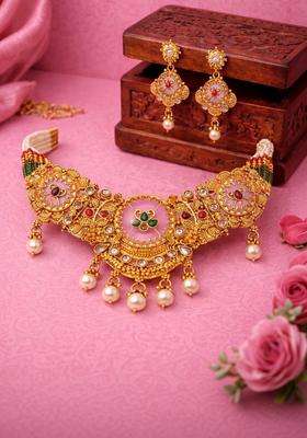 Gold-Plated Antique Stone Studded & Beaded Necklace and Earrings with American Diamond for Women | Traditional Temple Jewellery for Wedding & Festive Wear | Gift for Her
