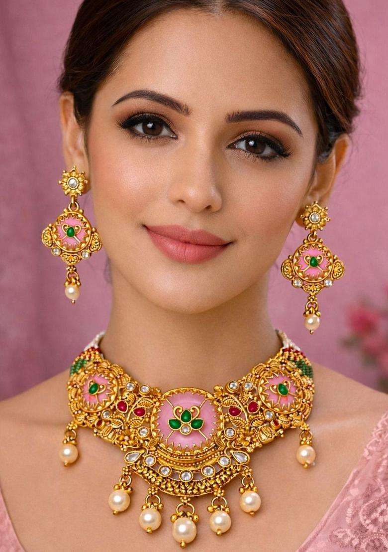 Gold-Plated Antique Stone Studded & Beaded Necklace and Earrings with American Diamond for Women | Traditional Temple Jewellery for Wedding & Festive Wear | Gift for Her - Indya