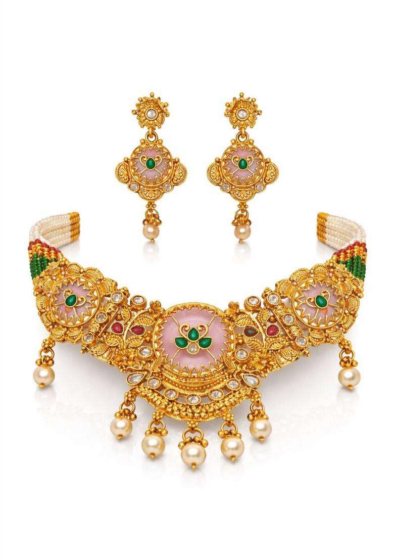 Gold-Plated Antique Stone Studded & Beaded Necklace and Earrings with American Diamond for Women | Traditional Temple Jewellery for Wedding & Festive Wear | Gift for Her - Indya