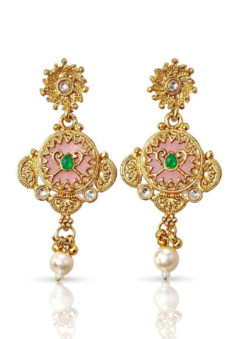 Gold-Plated Antique Stone Studded & Beaded Necklace and Earrings with American Diamond for Women | Traditional Temple Jewellery for Wedding & Festive Wear | Gift for Her - Indya