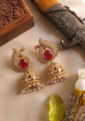 Peacock Shaped Jhumkas Earrings with CZ Stone for Women | Traditional Temple Jewellery for Wedding & Festive Wear | Gift for Her