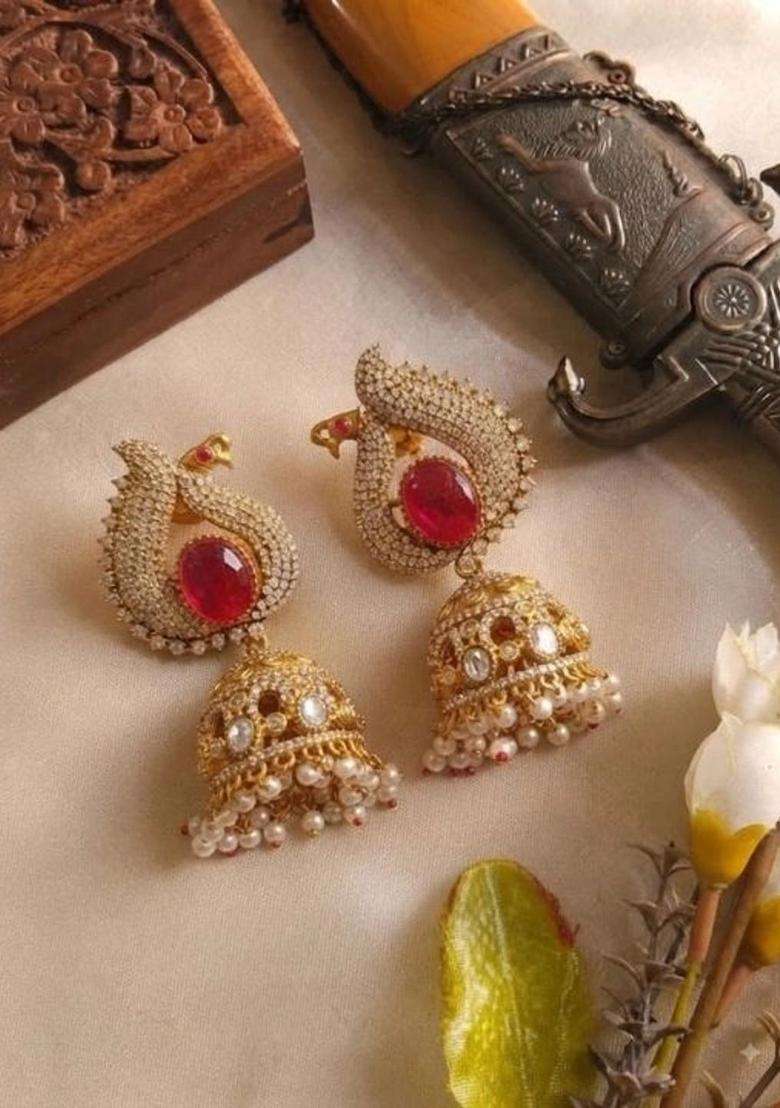 Peacock Shaped Jhumkas Earrings with CZ Stone for Women | Traditional Temple Jewellery for Wedding & Festive Wear | Gift for Her - Indya