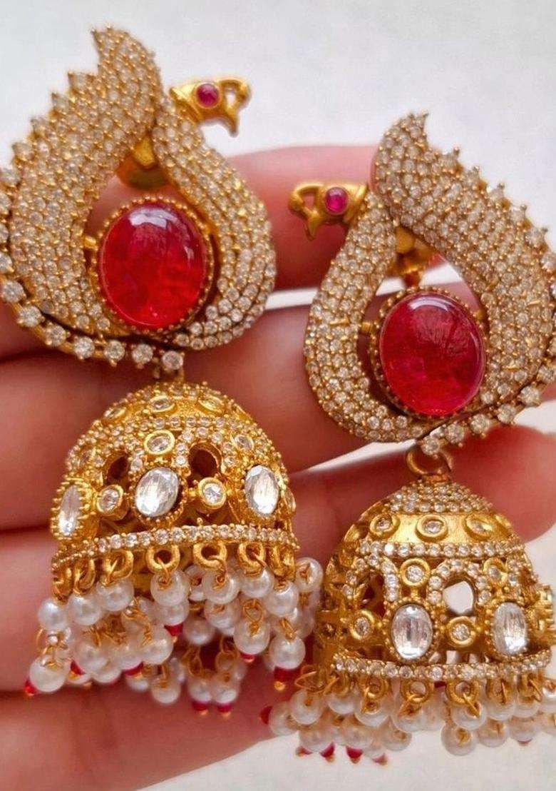 Peacock Shaped Jhumkas Earrings with CZ Stone for Women | Traditional Temple Jewellery for Wedding & Festive Wear | Gift for Her - Indya