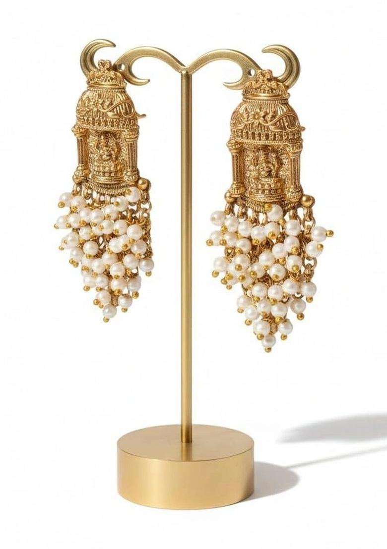 Gold-Plated Geometric Drop Earrings for Women | Traditional Temple Jewellery for Wedding & Festive Wear | Gift for Her - Indya