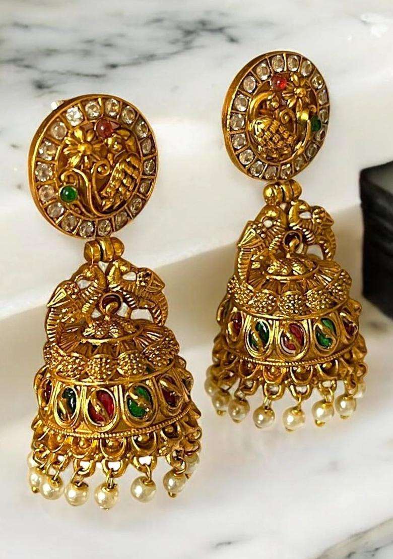 Gold-Plated Circular Jhumkas Earrings for Women | Traditional Temple Jewellery for Wedding & Festive Wear | Gift for Her - Indya