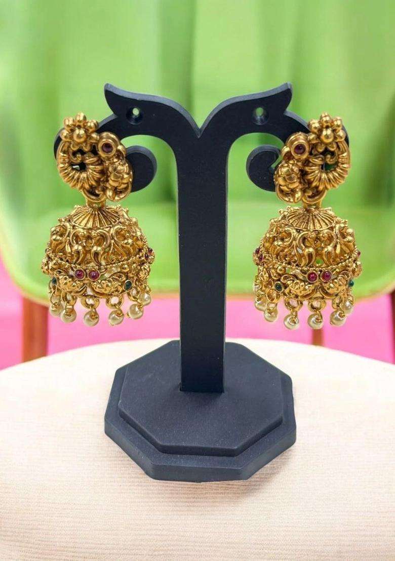 Gold-Plated Peacock Shaped Jhumkas Earrings for Women | Traditional Temple Jewellery for Wedding & Festive Wear | Gift for Her - Indya