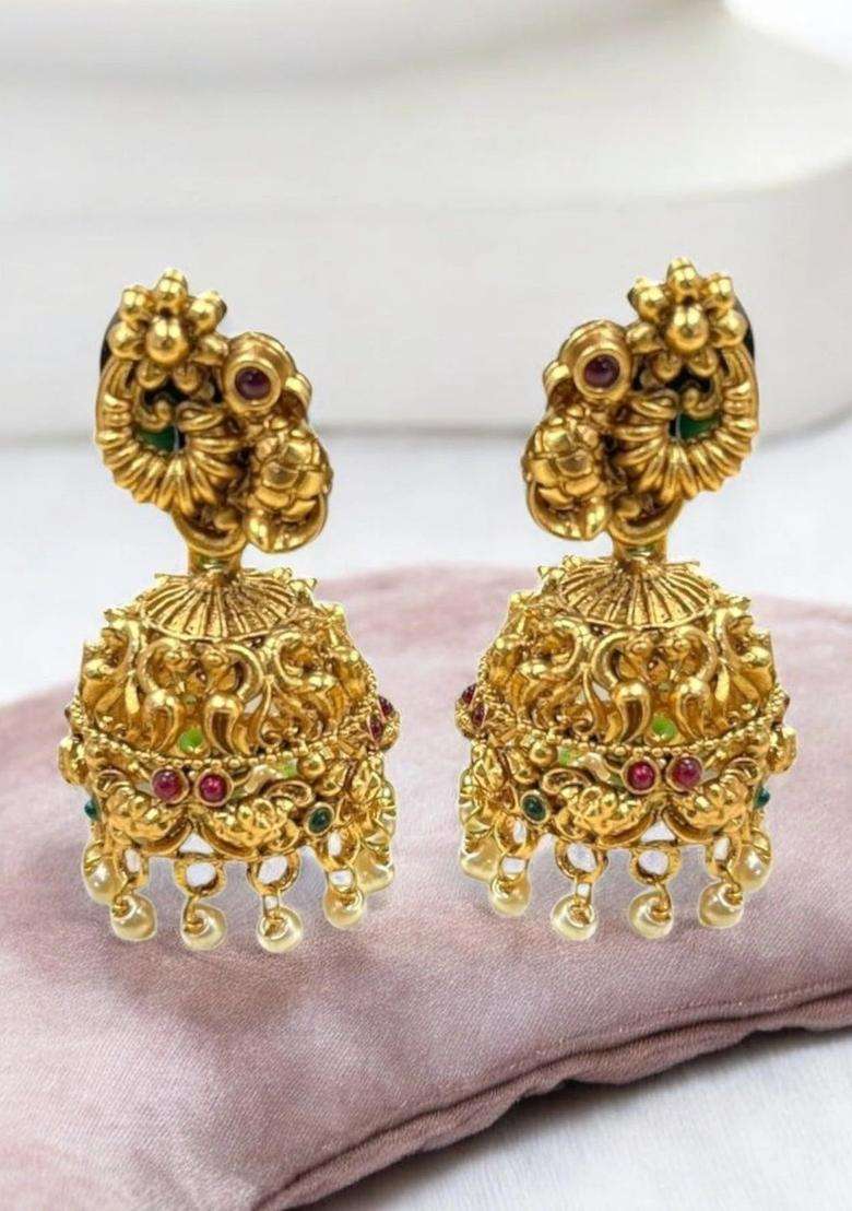 Gold-Plated Peacock Shaped Jhumkas Earrings for Women | Traditional Temple Jewellery for Wedding & Festive Wear | Gift for Her - Indya