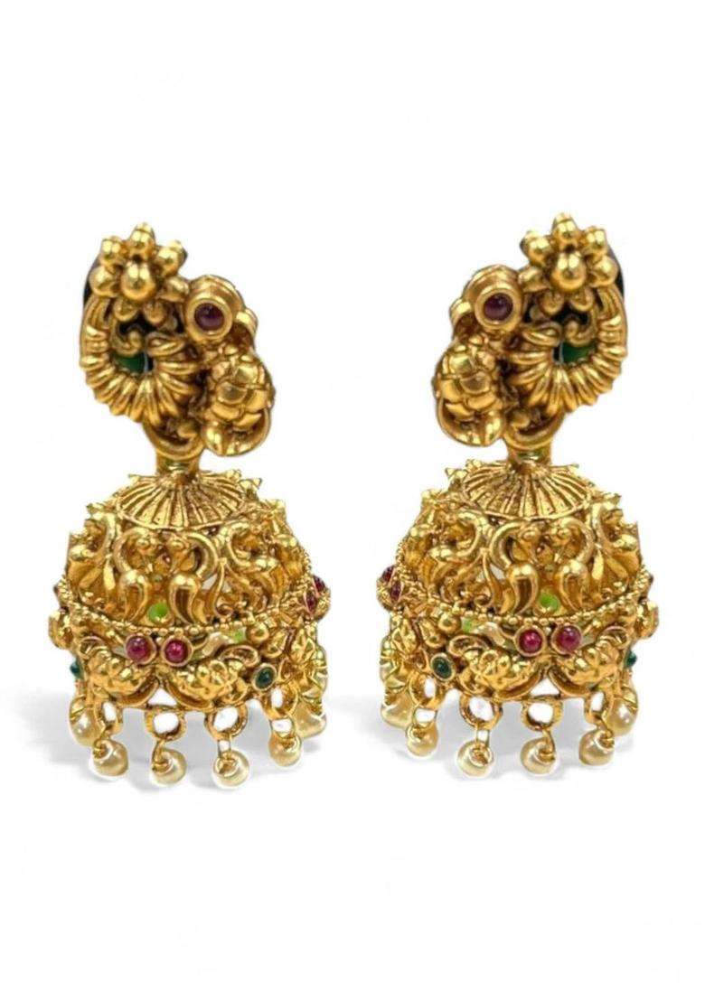 Gold-Plated Peacock Shaped Jhumkas Earrings for Women | Traditional Temple Jewellery for Wedding & Festive Wear | Gift for Her - Indya