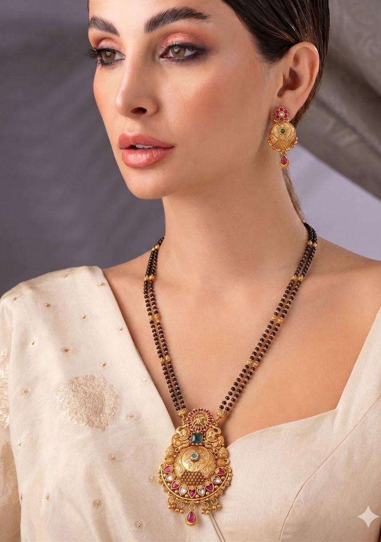 Gold-Plated Temple Amethyst Necklace and Earrings for Women | Traditional Temple Jewellery for Wedding & Festive Wear | Gift for Her - Indya